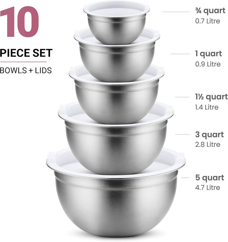 FINEDINE Stainless Steel Mixing Bowls Set with Lids, Home Kitchen Cooking Essentials Household Must Haves for Baking, 5 Pieces - Image 2
