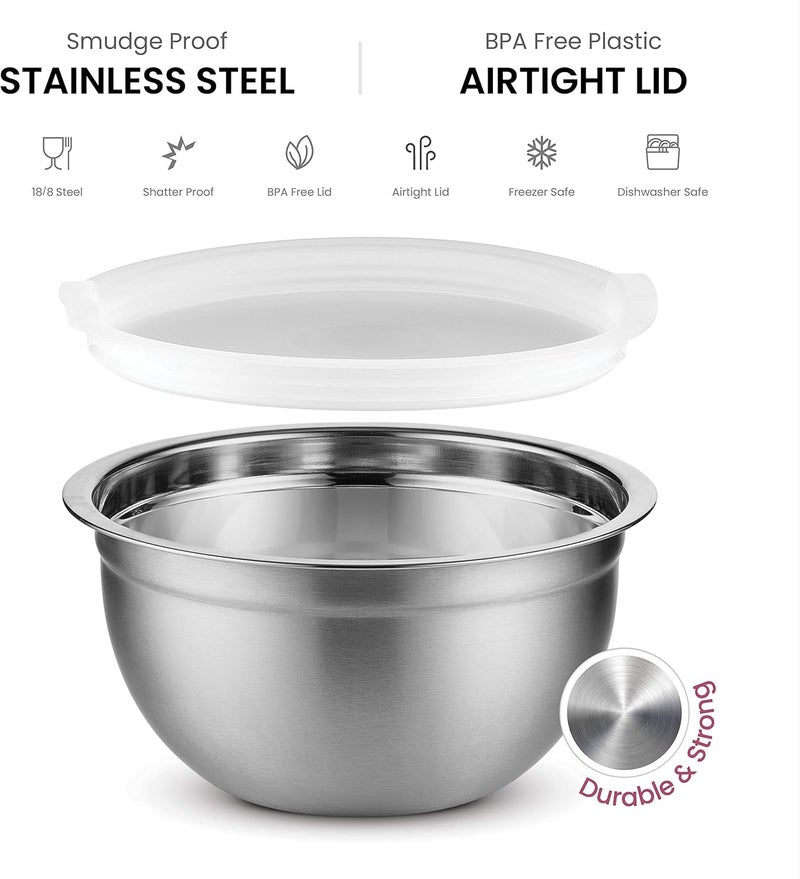 FINEDINE Stainless Steel Mixing Bowls Set with Lids, Home Kitchen Cooking Essentials Household Must Haves for Baking, 5 Pieces - Image 3