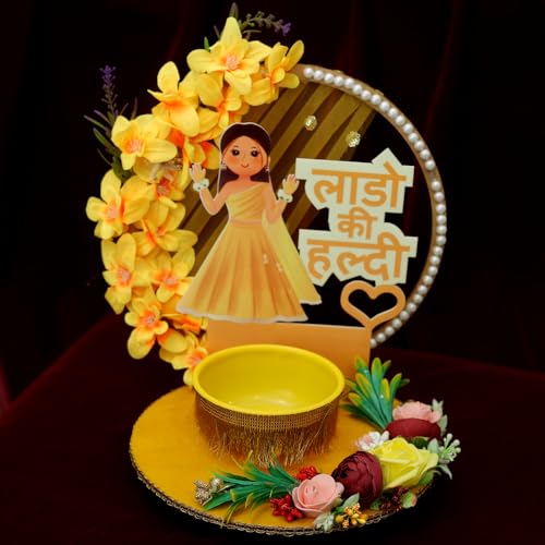 THE BRIDE MADE Wood Decorative Haldi Mehndi Platter - 10x10x8 Inches, Elegant Haldi Platter for Wedding Decoration Items for Home, Beautiful Haldi Plate for Haldi Ceremony, Traditional Haldi Decor - Image 1