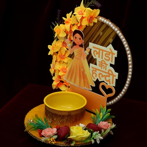 THE BRIDE MADE Wood Decorative Haldi Mehndi Platter - 10x10x8 Inches, Elegant Haldi Platter for Wedding Decoration Items for Home, Beautiful Haldi Plate for Haldi Ceremony, Traditional Haldi Decor - Image 3