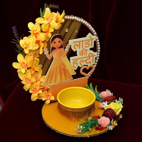 THE BRIDE MADE Wood Decorative Haldi Mehndi Platter - 10x10x8 Inches, Elegant Haldi Platter for Wedding Decoration Items for Home, Beautiful Haldi Plate for Haldi Ceremony, Traditional Haldi Decor - Image 4