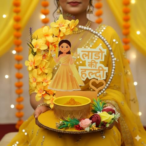 THE BRIDE MADE Wood Decorative Haldi Mehndi Platter - 10x10x8 Inches, Elegant Haldi Platter for Wedding Decoration Items for Home, Beautiful Haldi Plate for Haldi Ceremony, Traditional Haldi Decor - Image 5