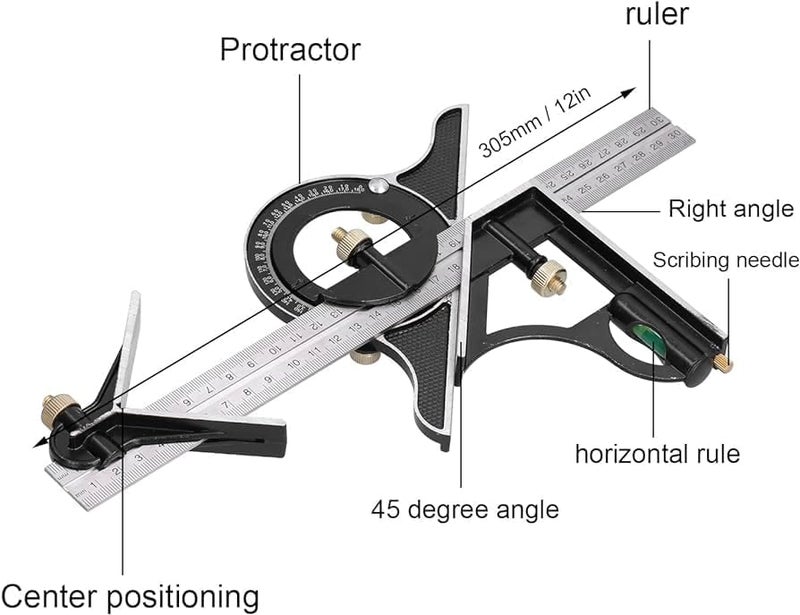 NIKTION NIKTION 12 Inch Adjustable Combination Angle 45 Degree Right Protractor Square Set Adjustable Sliding Combination Square Ruler Protractor Level Measure Measuring Set  - Image 2