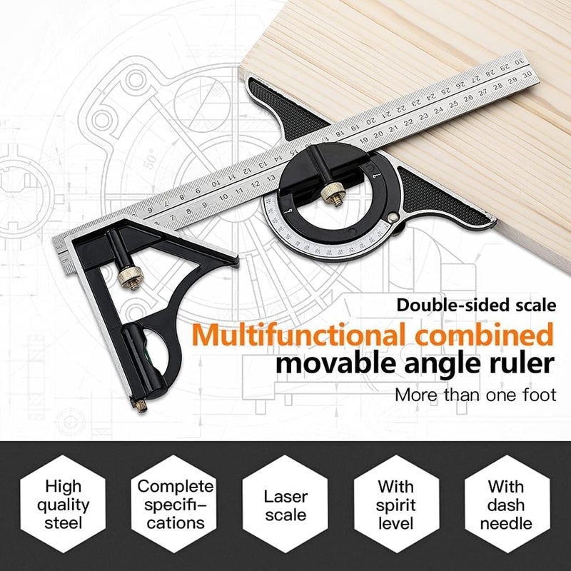 NIKTION NIKTION 12 Inch Adjustable Combination Angle 45 Degree Right Protractor Square Set Adjustable Sliding Combination Square Ruler Protractor Level Measure Measuring Set  - Image 4