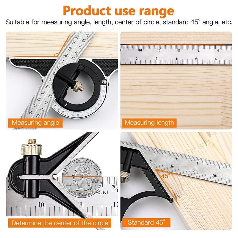 NIKTION NIKTION 12 Inch Adjustable Combination Angle 45 Degree Right Protractor Square Set Adjustable Sliding Combination Square Ruler Protractor Level Measure Measuring Set  - Image 3