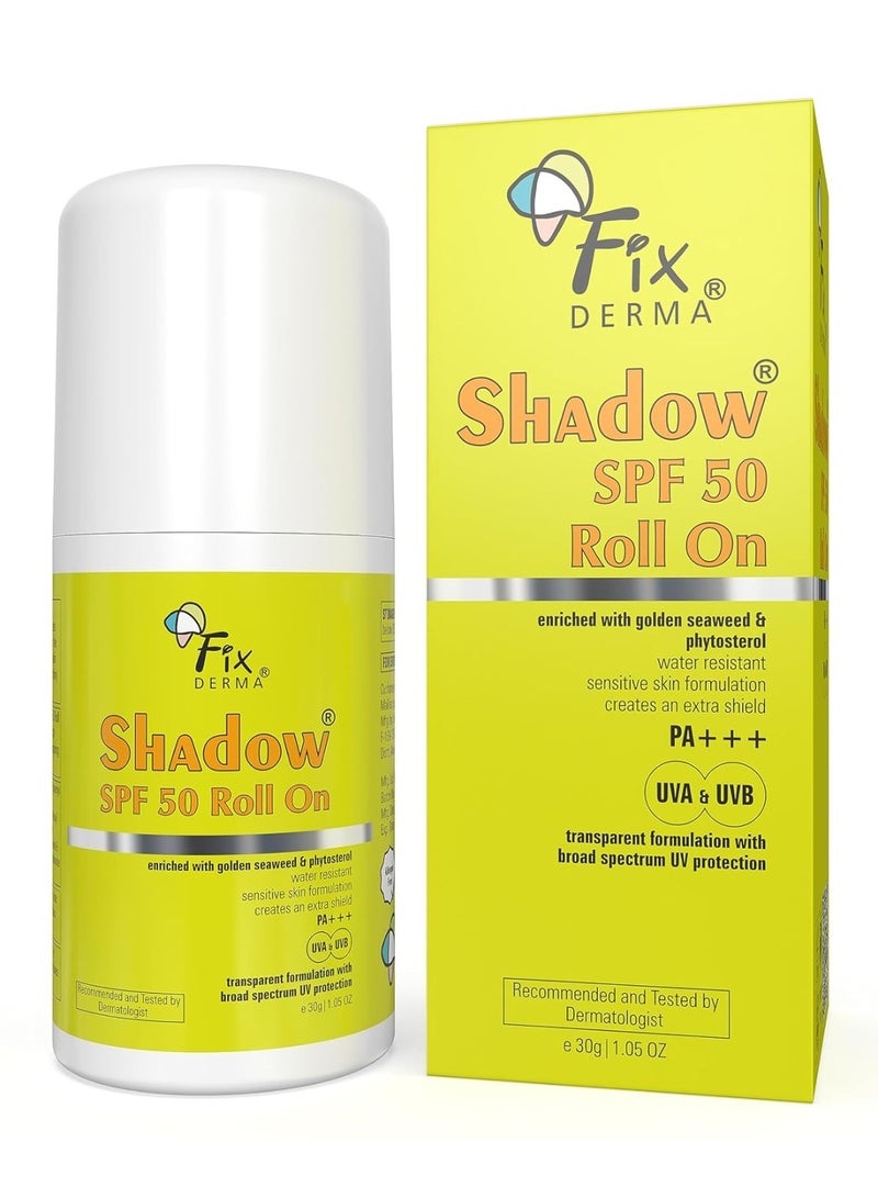 Fixderma Shadow Sunscreen SPF 50 Roll On Pa+++ | Transparent with Broad Spectrum UVA & UVB Protection | Lightweight | Water Resistant | For Sensitive Skin | Sunscreen for Women & Men | 30gm - Image 1