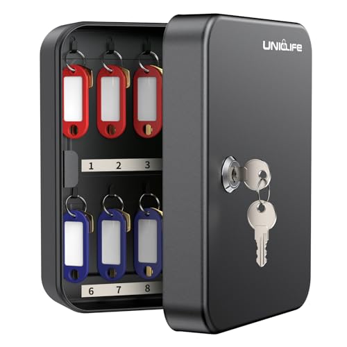 Uniclife 20 Position Key Cabinet with Key Lock Wall Mounted Black Security Storage Box Steel Key Organizer with Colorful Key Tag Labels Stickers and Hooks - Image 1