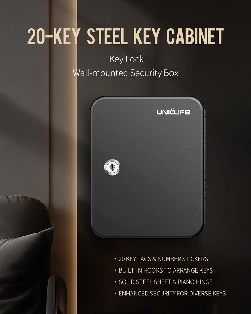 Uniclife 20 Position Key Cabinet with Key Lock Wall Mounted Black Security Storage Box Steel Key Organizer with Colorful Key Tag Labels Stickers and Hooks - Image 3