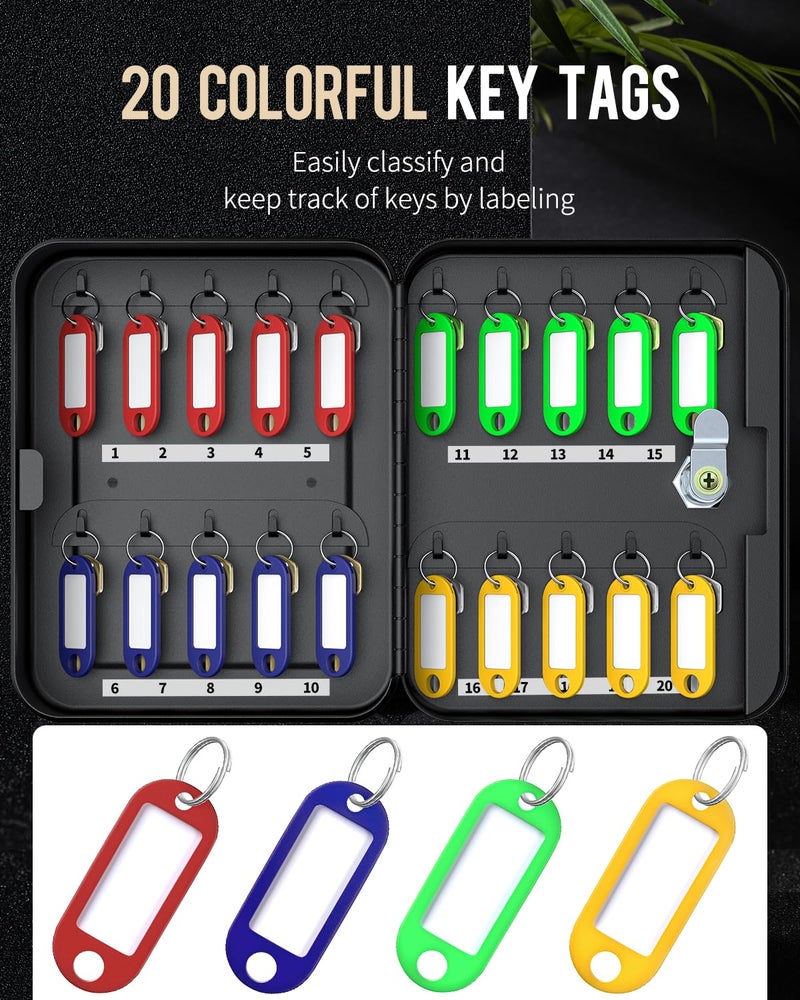 Uniclife 20 Position Key Cabinet with Key Lock Wall Mounted Black Security Storage Box Steel Key Organizer with Colorful Key Tag Labels Stickers and Hooks - Image 4