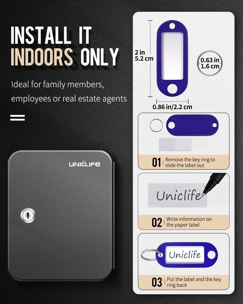 Uniclife 20 Position Key Cabinet with Key Lock Wall Mounted Black Security Storage Box Steel Key Organizer with Colorful Key Tag Labels Stickers and Hooks - Image 5