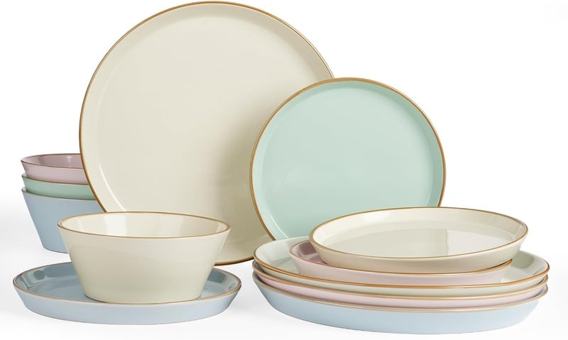 Famiware Saturn Dinnerware Sets Plates and Bowls Sets for 4 12 Pieces Stoneware Dish Set  Chip and Scratch Resistant Microwave and Dishwasher Safe Tableware Set Multicolor with Rim - Image 1