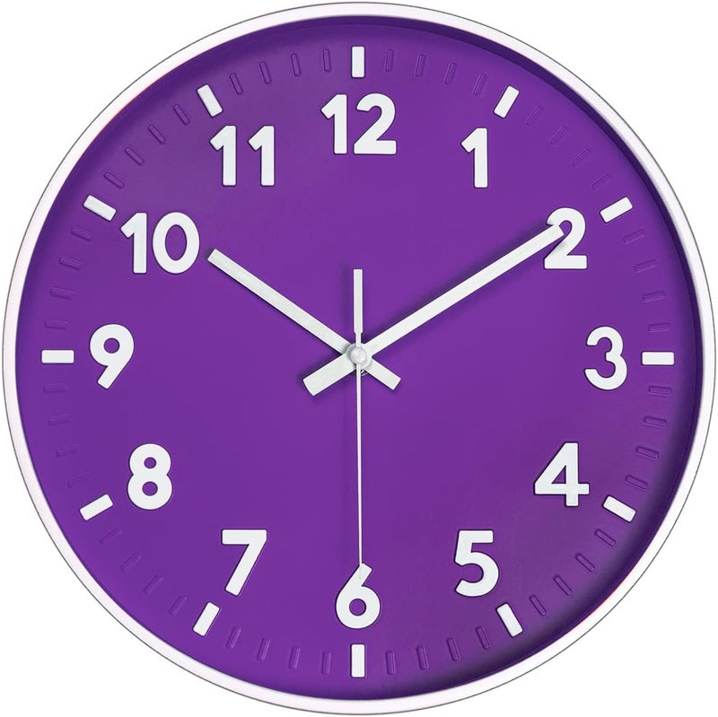JENLYSTIME ساعة حائطية حديثة من بقياس 12 بوصة، عقارب دائرية زاهية وملونة، تعمل ببطارية كوارتز بدون صوت، سهلة القراءة وبتصميم بسيط، مناسبة لغرفة النوم أو غرفة المعيشة أو المطبخ (لون بنفسجي). - Image 1
