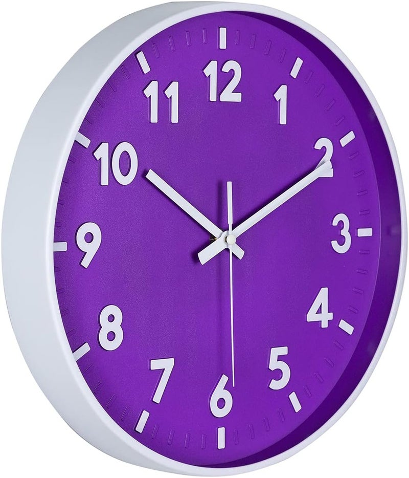 JENLYSTIME ساعة حائطية حديثة من بقياس 12 بوصة، عقارب دائرية زاهية وملونة، تعمل ببطارية كوارتز بدون صوت، سهلة القراءة وبتصميم بسيط، مناسبة لغرفة النوم أو غرفة المعيشة أو المطبخ (لون بنفسجي). - Image 3