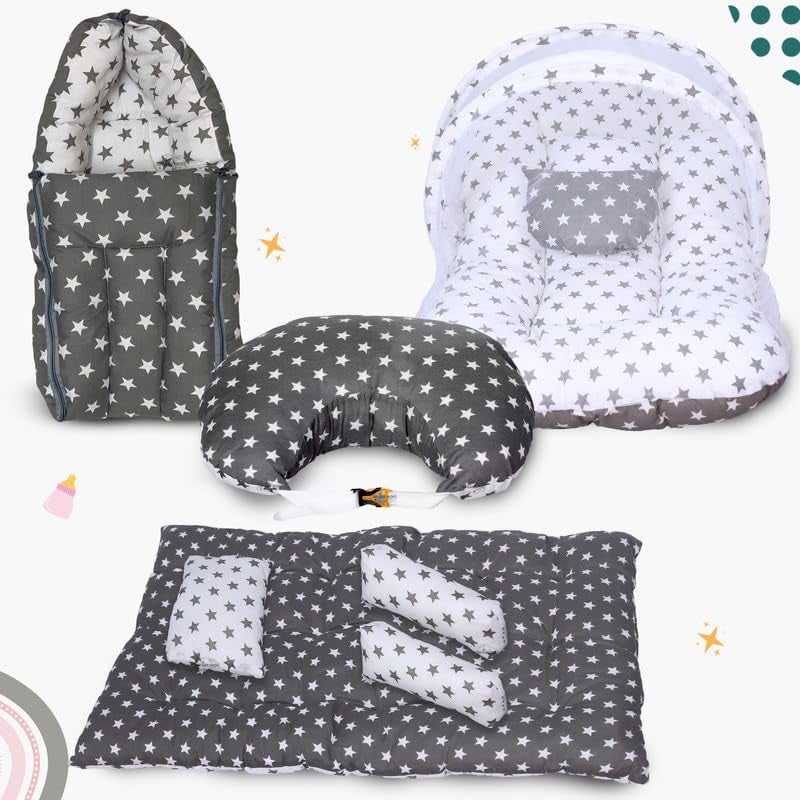 Infans Mini Baby Bedding Set, 4 Pcs Cotton Sleeping Essential|Baby Sleeping Bag|Sleeping Mattress|Mother Nursing Feeding Pillow|Mosquito Net Bed for 0-6 Months (Star Grey) - Image 1