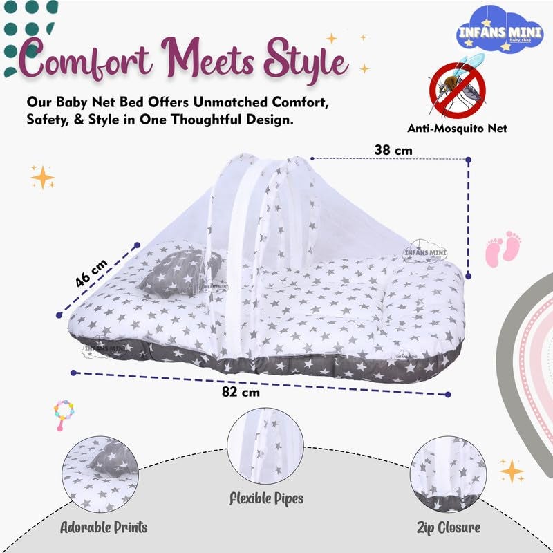 Infans Mini Baby Bedding Set, 4 Pcs Cotton Sleeping Essential|Baby Sleeping Bag|Sleeping Mattress|Mother Nursing Feeding Pillow|Mosquito Net Bed for 0-6 Months (Star Grey) - Image 5