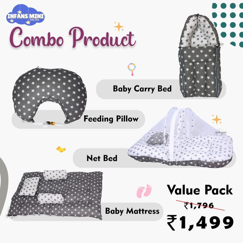 Infans Mini Baby Bedding Set, 4 Pcs Cotton Sleeping Essential|Baby Sleeping Bag|Sleeping Mattress|Mother Nursing Feeding Pillow|Mosquito Net Bed for 0-6 Months (Star Grey) - Image 2