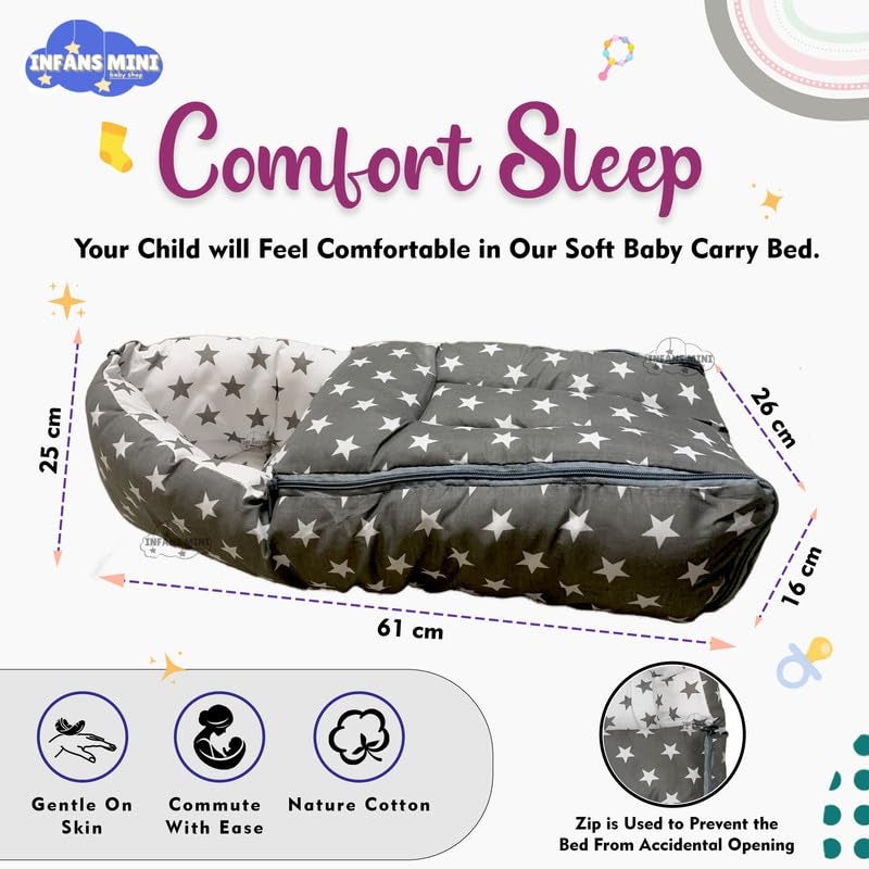 Infans Mini Baby Bedding Set, 4 Pcs Cotton Sleeping Essential|Baby Sleeping Bag|Sleeping Mattress|Mother Nursing Feeding Pillow|Mosquito Net Bed for 0-6 Months (Star Grey) - Image 3