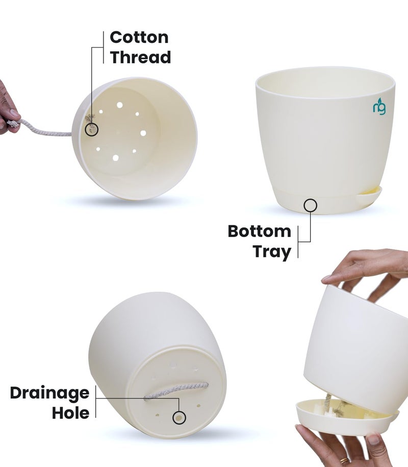 Nurturing Green® Combo of 6 Self Watering Flower Pots for Living Room & Home Decor | Plastic Plant Pots for Indoor, Balcony & Garden (Color: Ivory, Size: 14cm x 12.5cm Each) - Image 2