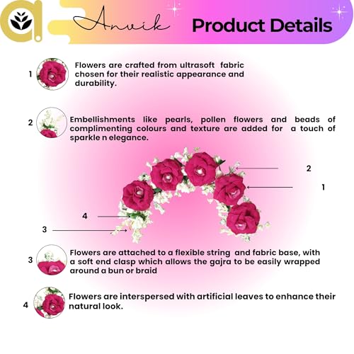 ANVIK Fancy Party Bridal Wedding Fabric/artificial Rose Flower Bun Juda Hair Gajra for Women Bride Floral Flower Hair Accessory for women Veni for hair (Rani Pink) - Image 4