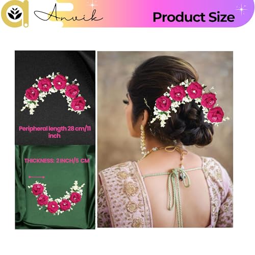 ANVIK Fancy Party Bridal Wedding Fabric/artificial Rose Flower Bun Juda Hair Gajra for Women Bride Floral Flower Hair Accessory for women Veni for hair (Rani Pink) - Image 5
