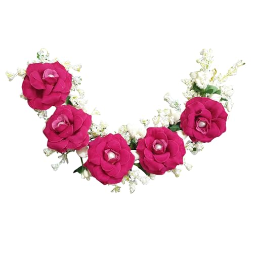 ANVIK Fancy Party Bridal Wedding Fabric/artificial Rose Flower Bun Juda Hair Gajra for Women Bride Floral Flower Hair Accessory for women Veni for hair (Rani Pink) - Image 1