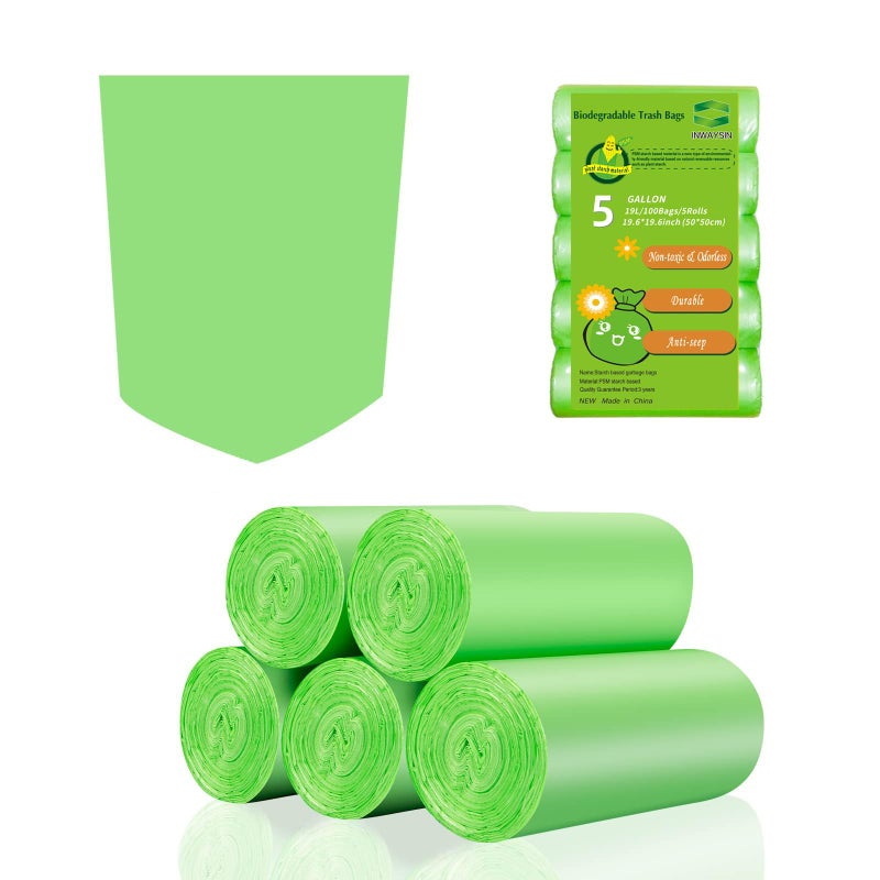 Inwaysin 5 Gallon Biodegradable Garbage Bags - Inwaysin 100 Count Unscented Compostable Trash Bags Leakproof & Tear Resistant Wastebasket Liners Fit for Kitchen Pet or Diaper Pail, 5 Rolls, Clear Green - Image 1