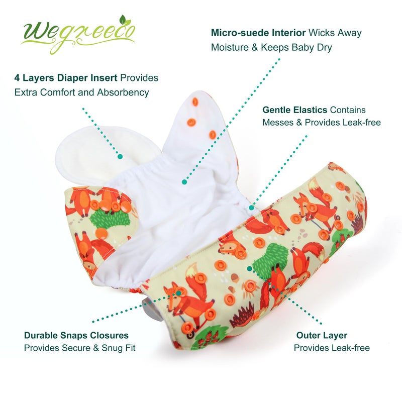 wegreeco Cloth Diapers 6 Pack with 6 Inserts & 1 Wet Bag, Washable Cloth Diapers for Babies, One Size Adjustable Reusable (Neutral Prints) - Image 2