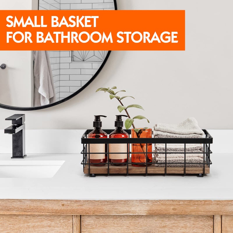 TJMOREE Tj.Moree سلة أسلاك معدنية صغيرة مزخرفة بقاعدة خشبية منظم للحمام وسلة المطبخ لتخزين ورق المرحاض وحزمة السكر وشراب القهوة ومنديل منشفة الضيوف - Image 4
