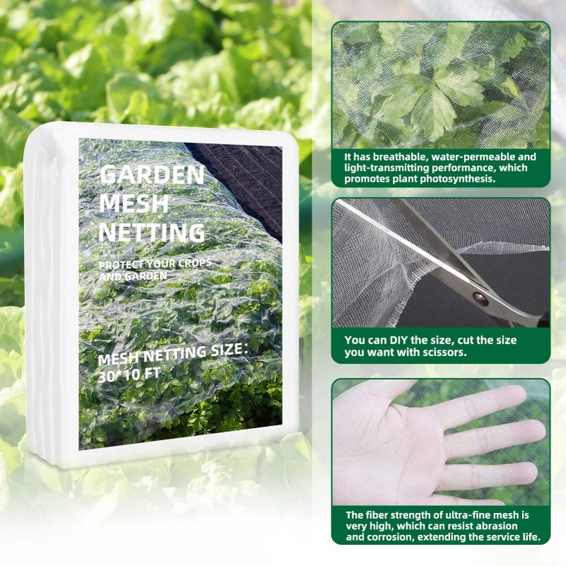 VIOBEPASS Garden Netting Kit, 10x30 Ft Pest Barrier Bird Ultra Fine Mesh Netting with 6Sets Garden Hoops & 36 Clips for Raised Beds, Garden Plants Net Protection for Vegetable Fruit Flowers Greenhouse Row Cover - Image 5