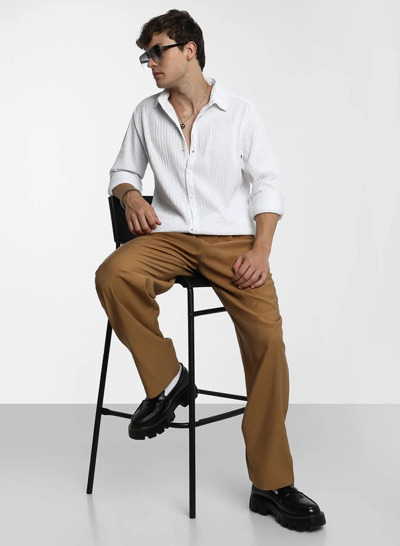 CAHOOT  Men's Powder White Solid Creased Shirt For Casual Wear | Spread Collar | Long Sleeve | Button Closure | Shirt Crafted With Comfort Fit For Everyday Wear for Men | Best Price UAE