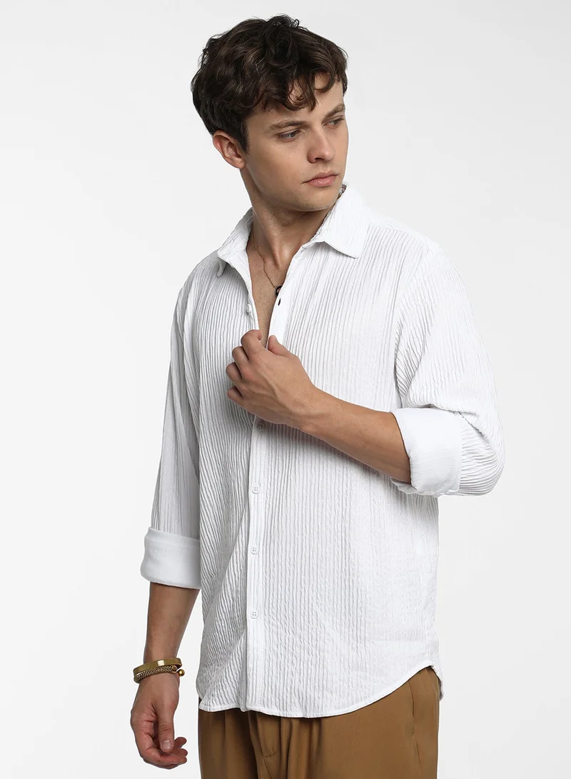 CAHOOT  Men's Powder White Solid Creased Shirt For Casual Wear | Spread Collar | Long Sleeve | Button Closure | Shirt Crafted With Comfort Fit For Everyday Wear for Men | Best Price UAE