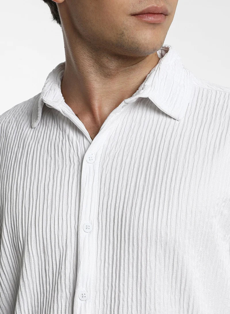CAHOOT  Men's Powder White Solid Creased Shirt For Casual Wear | Spread Collar | Long Sleeve | Button Closure | Shirt Crafted With Comfort Fit For Everyday Wear for Men | Best Price UAE