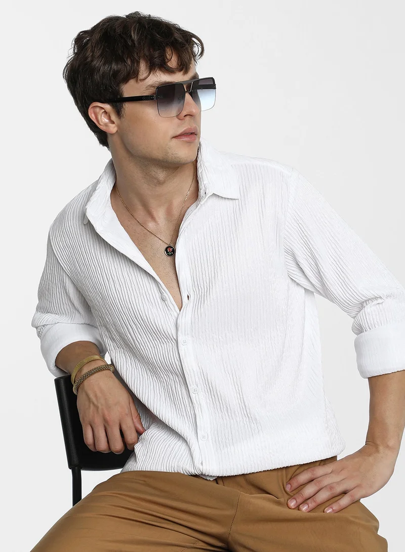 CAHOOT  Men's Powder White Solid Creased Shirt For Casual Wear | Spread Collar | Long Sleeve | Button Closure | Shirt Crafted With Comfort Fit For Everyday Wear for Men | Best Price UAE