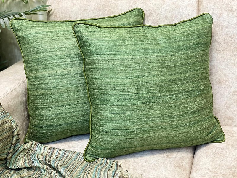 House Of Silko Banarasi Raw Silk Tussar Classic Cushion Covers for Interior Decoration Set of 2 pcs 20x20 Green - Image 1