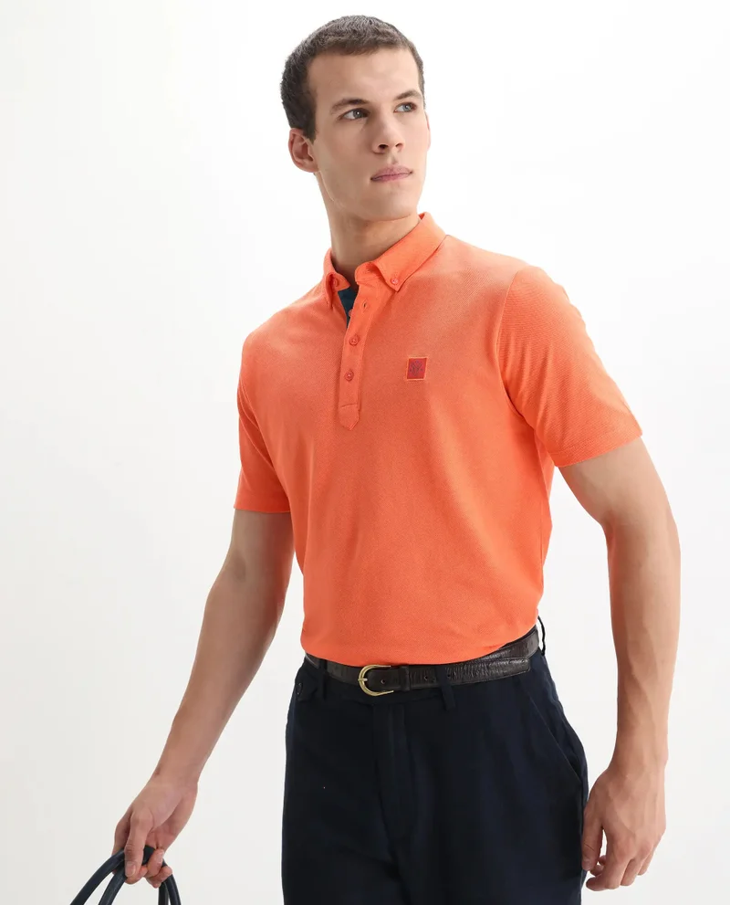 Rare Rabbit Rare Rabbit Men's Herval Dark Peach Cotton Fabric Collared Neck Half Sleeves Polo T-Shirt