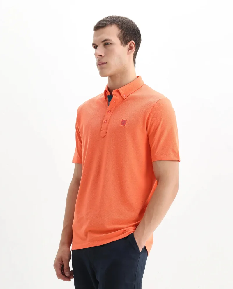 Rare Rabbit Rare Rabbit Men's Herval Dark Peach Cotton Fabric Collared Neck Half Sleeves Polo T-Shirt