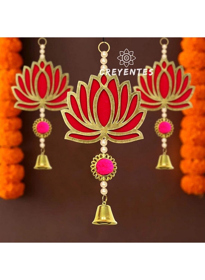 CREYENTES CREYENTES® Pink Wall Decor Lotus with Ringing Bell for Decoration (Pack of 10) Toran for Door, Wall Hangings Backdrop, Pooja Room,Diwali, Wedding, Festival Décor(Lotus Hanging Bell 10)  - Image 4