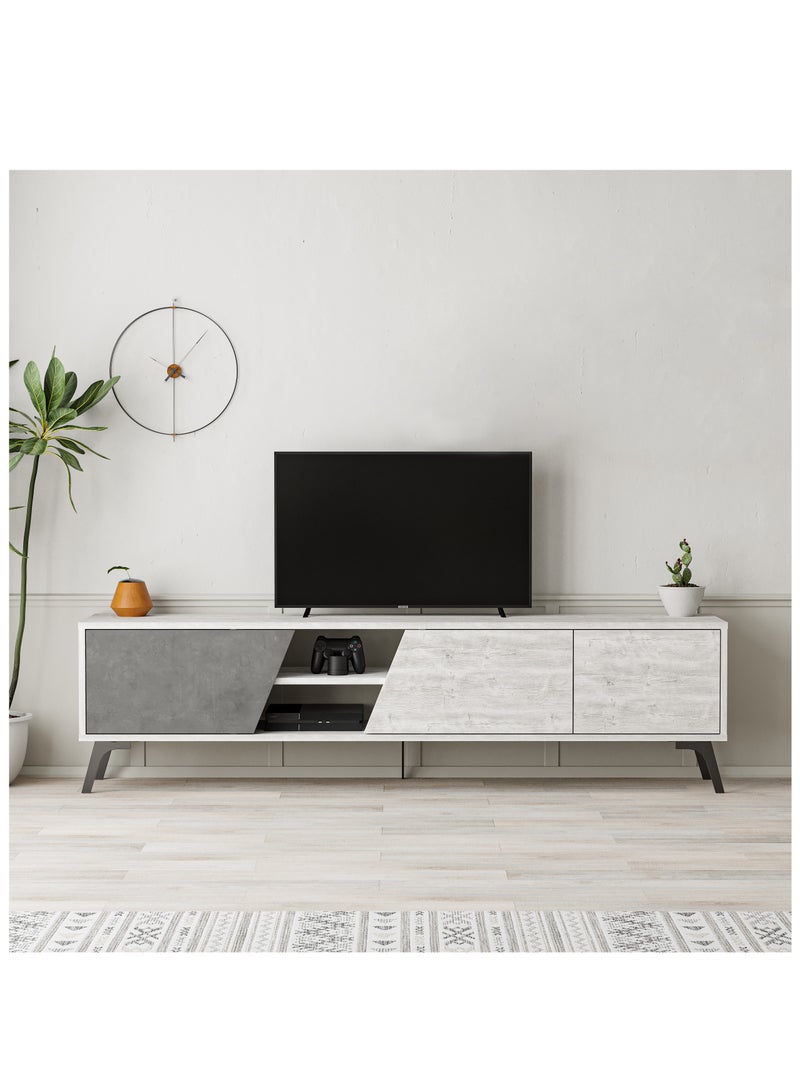 موراه خزانة تلفزيون "فيونا" من موراه هوم، حتى ٧٠ بوصة | خزانة تخزين بثلاثة أبواب وطابقين | وحدات تلفزيون لغرفة المعيشة | ١٨٠×٣٥٫٦×٤٨ سم | أبيض/رمادي كلاسيكي - Image 1