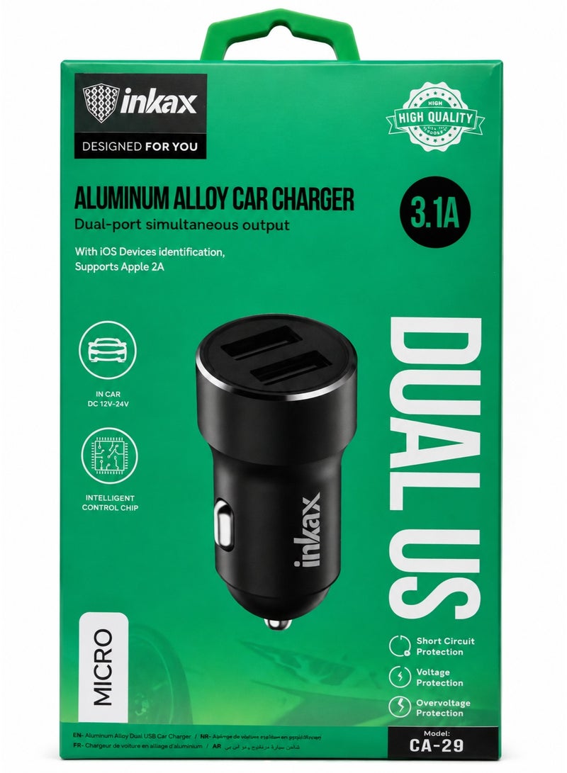إنكاكس شاحن سيارة CA-29 بمنفذي USB وقدرة 3.1 أمبير للشحن السريع (يتضمن كابل Micro USB)؛ هيكل من سبائك الألومنيوم، منفذان للشحن، شريحة تحكم ذكية، وتصميم مدمج يدعم جهد 12-24 فولت؛ متوافق مع هواتف أندرويد والأجهزة اللوحية وأجهزة تحديد المواقع (GPS) وأجهزة USB – لون أسود. - Image 2