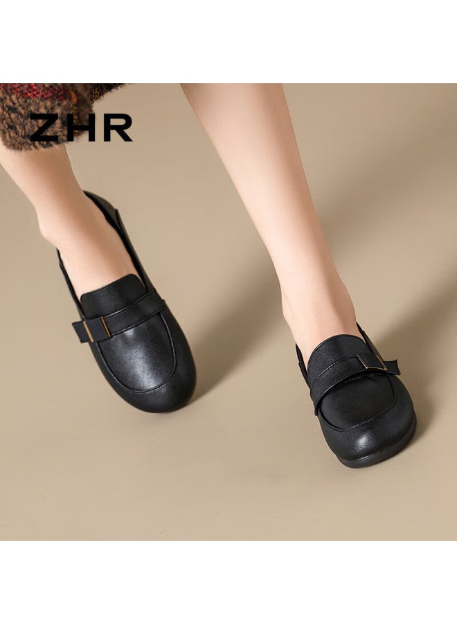 Zhr Women's Flats, Versatile For Spring And Autumn, Soft-soled Leather Shoes, Casual Loafers, Commuter Shoes, Bt110, Black, Size 40 - Image 2