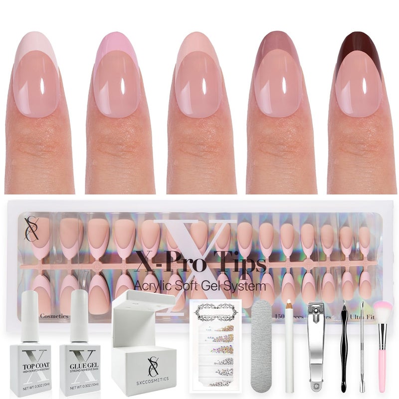 SXC Cosmetics French Tip Press On Nails - Skin Tone Nude and Color Series, Short Almond X-Pro Tips - Image 1