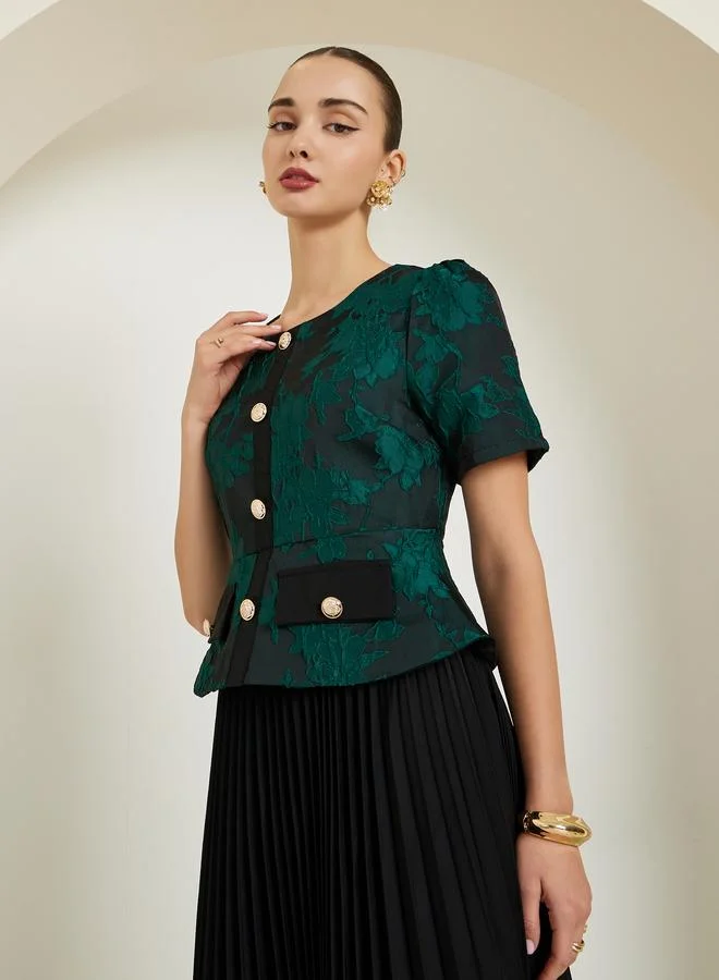 Styli  Green Jacquard Pleated A-Line Midi Dress for Women | Best Price UAE