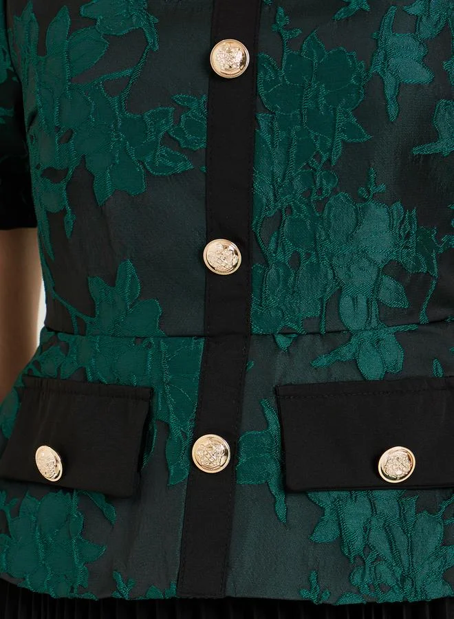 Styli  Green Jacquard Pleated A-Line Midi Dress for Women | Best Price UAE