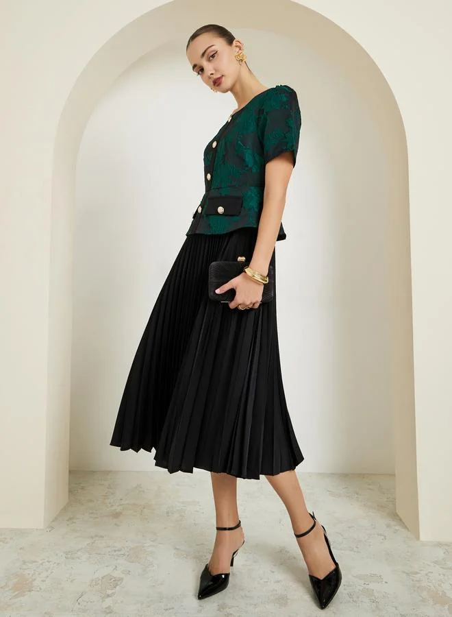 Styli  Green Jacquard Pleated A-Line Midi Dress for Women | Best Price UAE