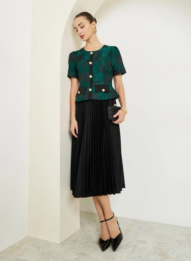 Green Jacquard Pleated A-Line Midi Dress