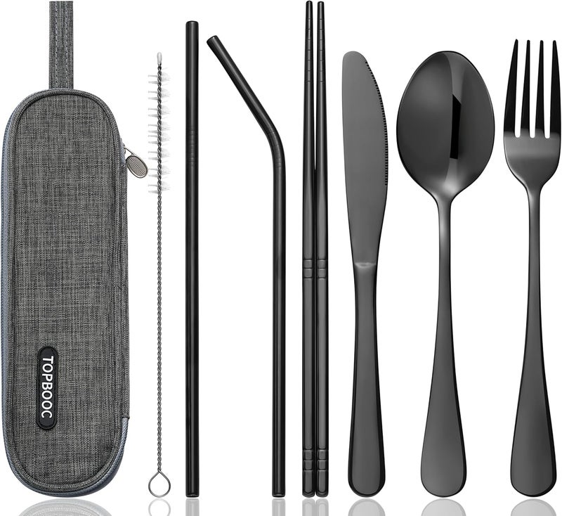 Topbooc Travel Utensils Set with Case – 8-Piece Reusable Stainless Steel Camping Cutlery Set for Lunchbox, Office, School – Portable Fork Spoon Knife Chopsticks – Dishwasher Safe – Black - Image 1
