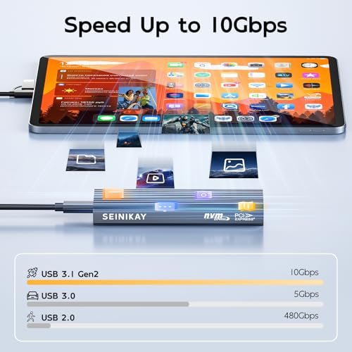 SEINIKAY M.2 NVME Enclosure, Tool-Free USB 3.2 Gen 2 (10 Gbps) to NVME Adapter with Heat Sink, 10Gbps Speed, Plug and Play, 16TB Expansion, with C-C to A Cable - Image 5