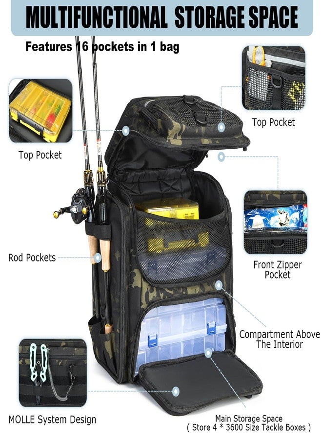 HAMBOLY Fishing Backpack with Rod Holders, 40L Tackle Box Backpack for Men, Black Camo, Fishing - Image 2