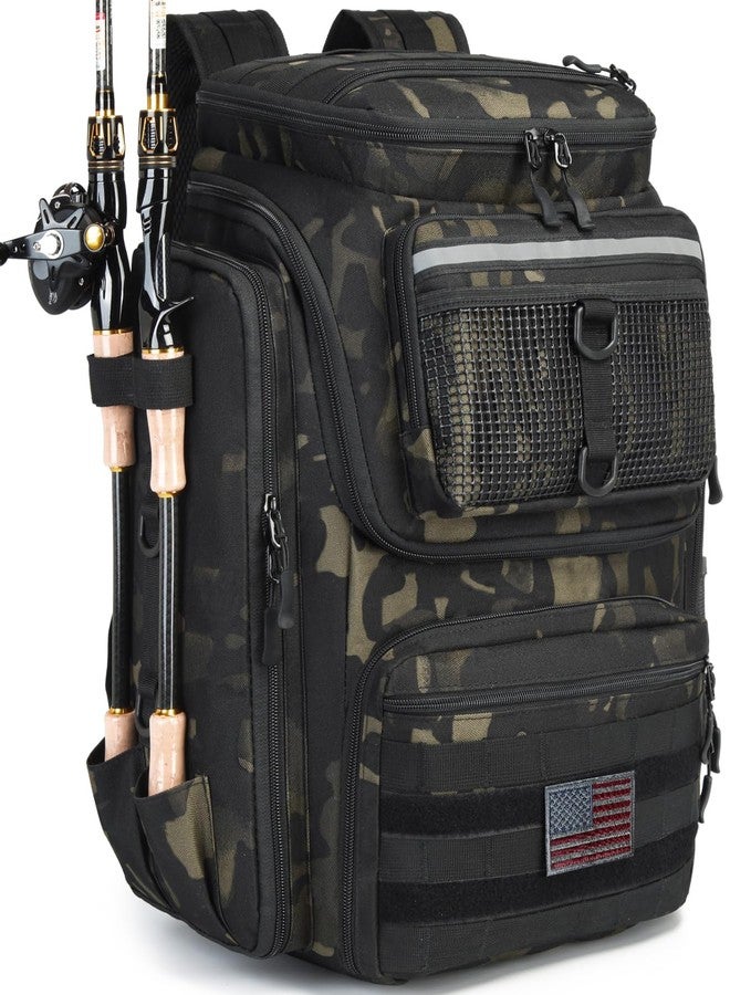 HAMBOLY Fishing Backpack with Rod Holders, 40L Tackle Box Backpack for Men, Black Camo, Fishing - Image 1