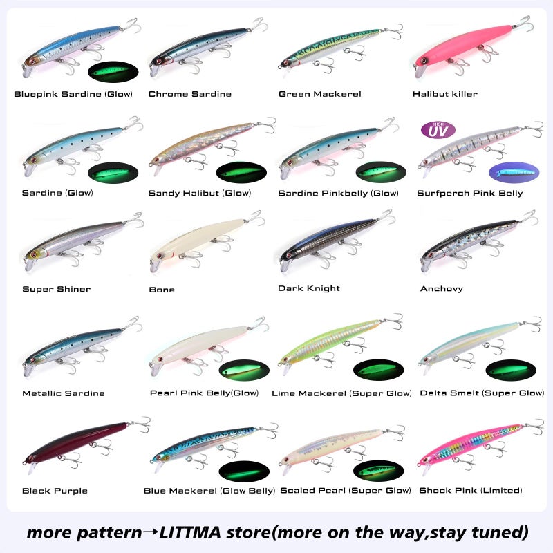LITTMA California Surf Fishing Lures Saltwater Jerkbait Crankbait Surf Minnow 110 - Metallic Sardine Super Glow & Pearl Pink Belly Glow Lures for Halibut & Striper Fishing - Image 3